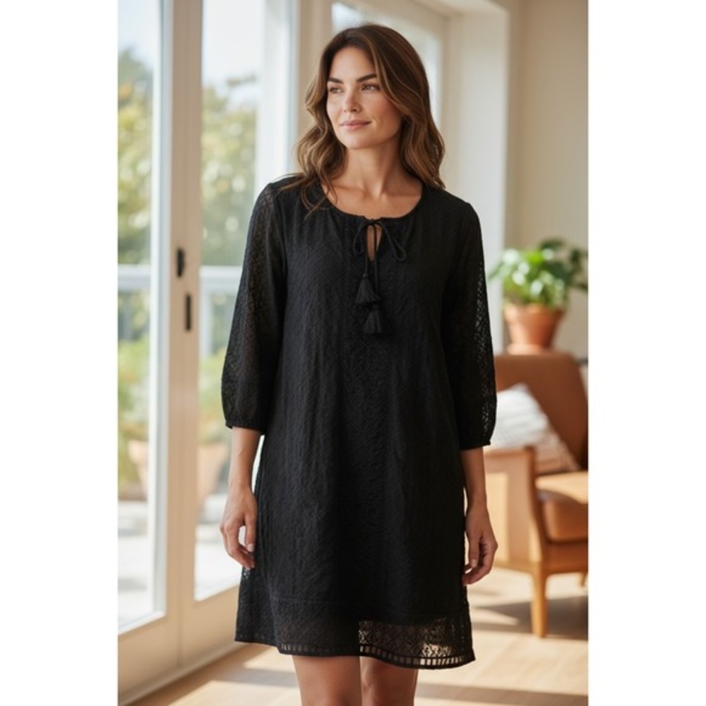 Lucky Brand Womens Dress Small Black Embroidered Tassel‎ Tie Neck 3/4 Sleeve